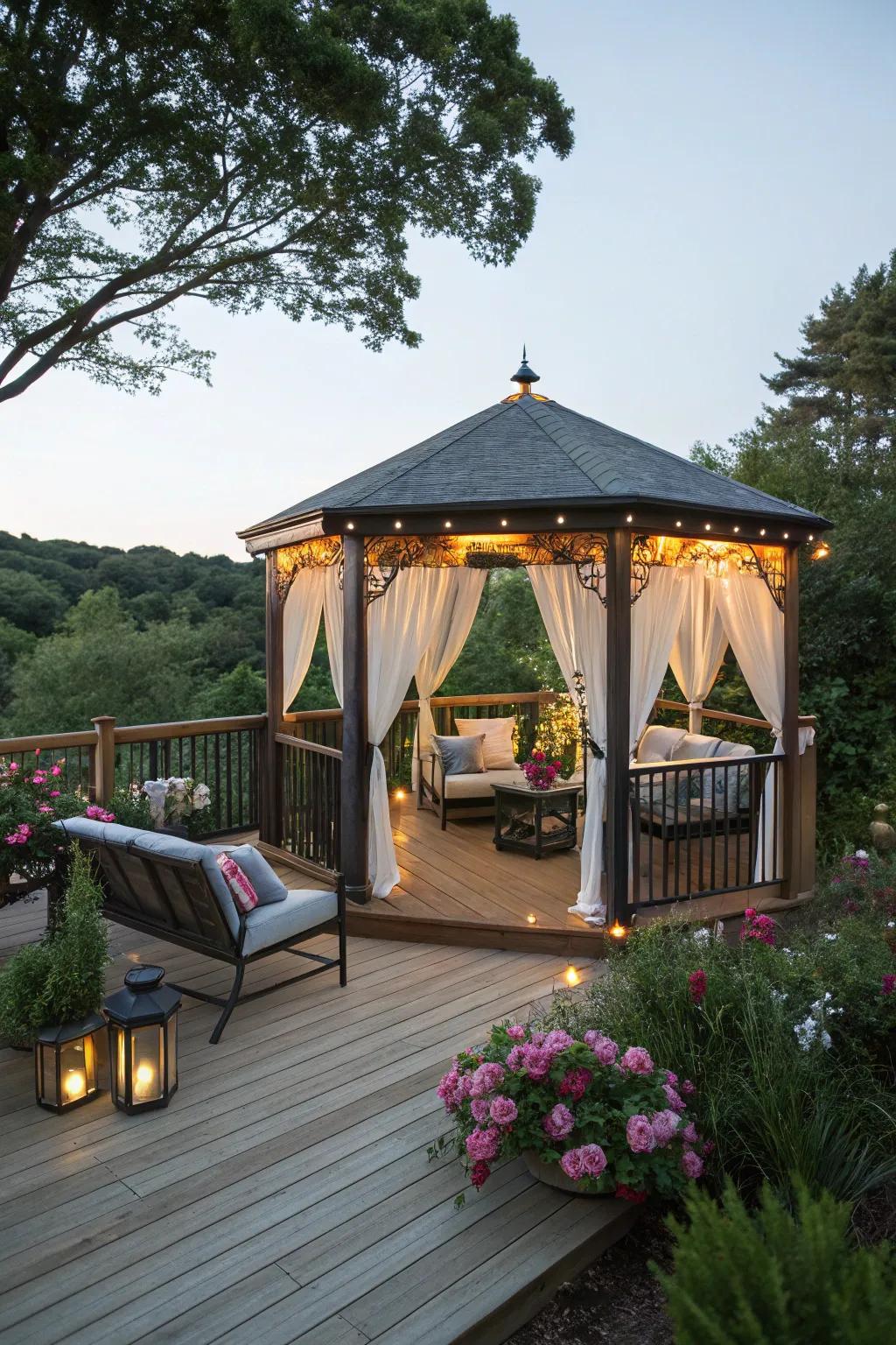 An inviting pavilion delivers solitude and an intimate setting on a deck.