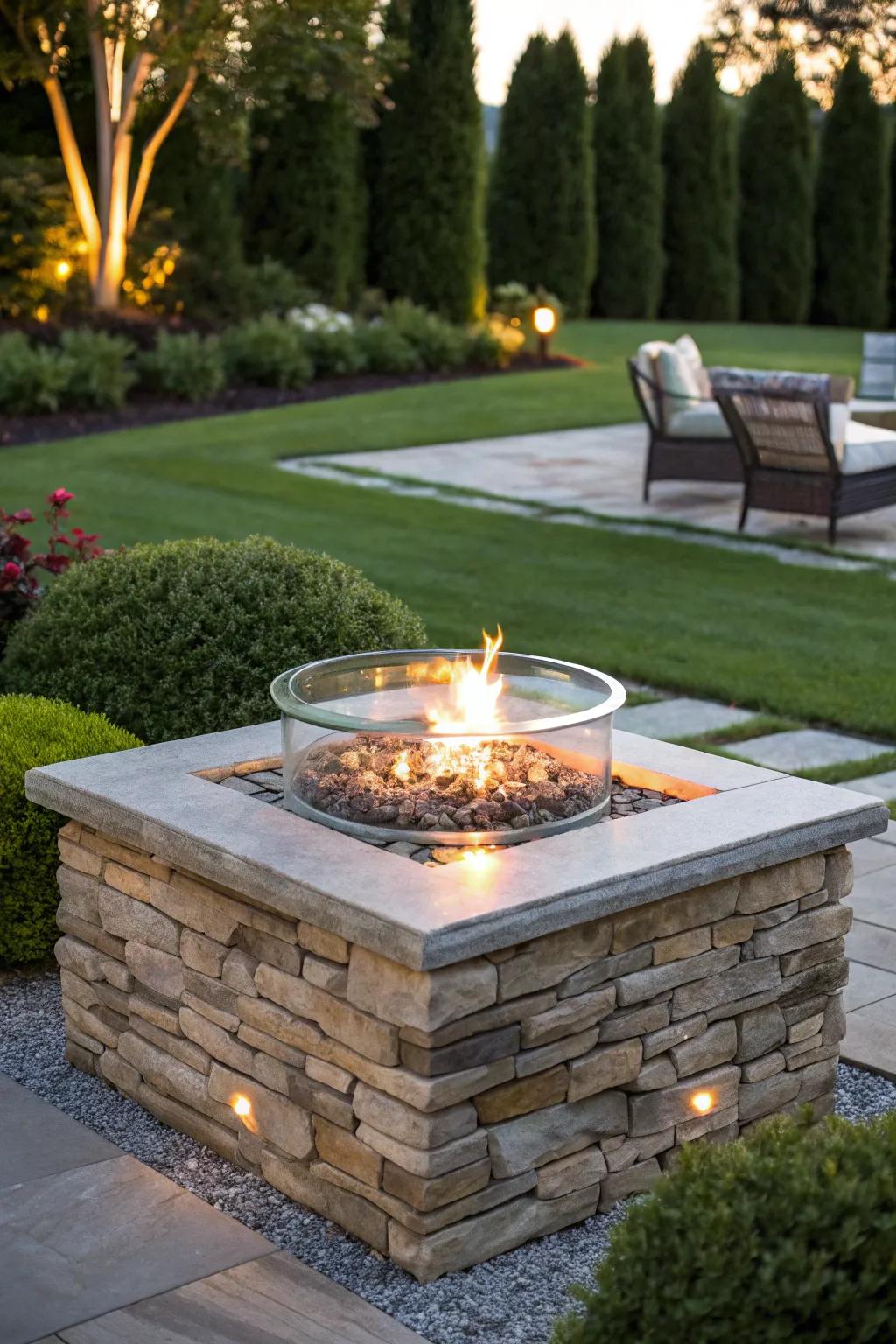 Show off a fire pit that uses a mix of different materials, creating high visual interest.