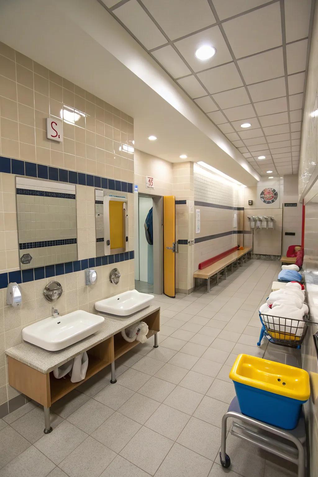 Multi-functional spaces add convenience to shared restroom design.