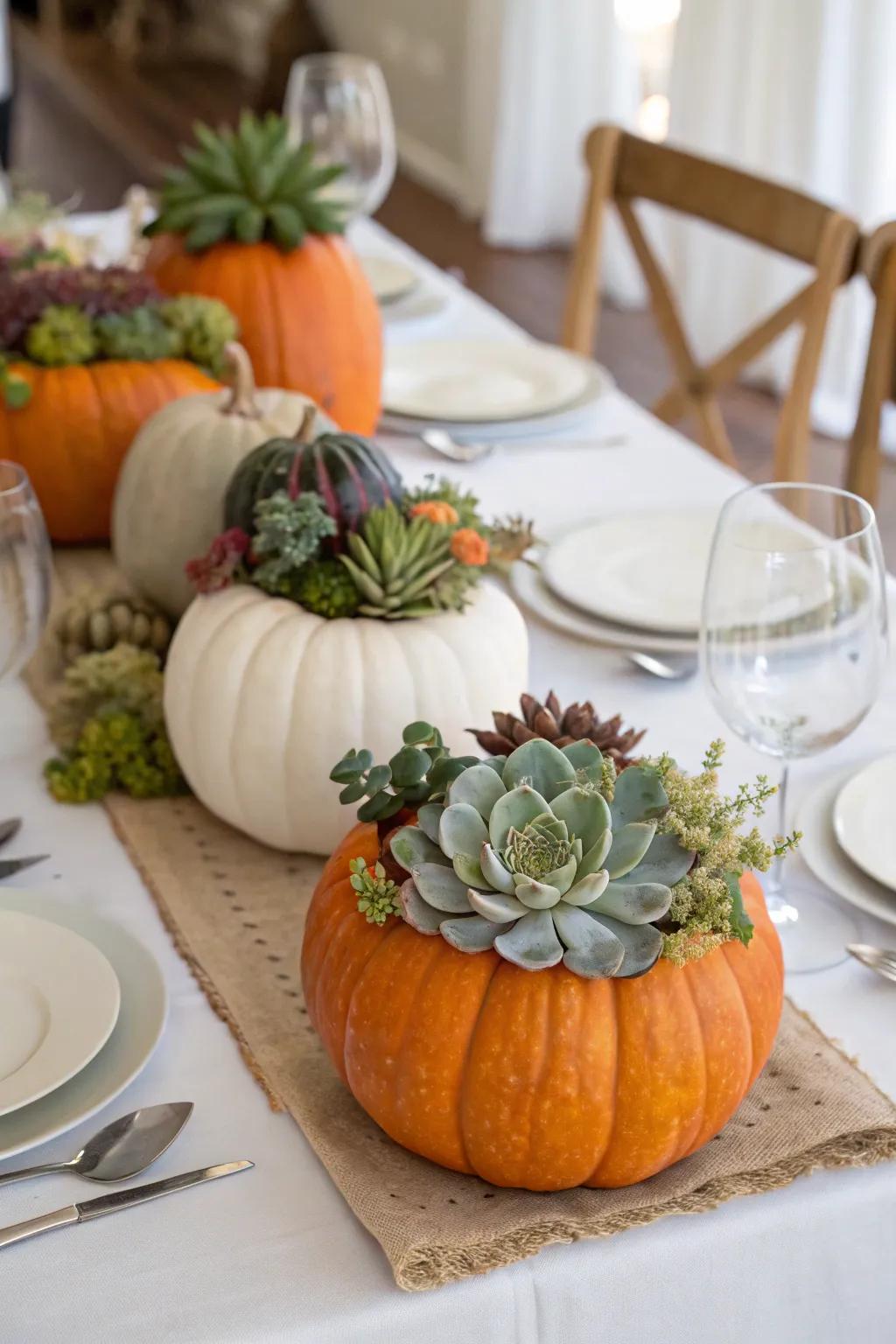 Mix nature and style with green plant-topped pumpkins.