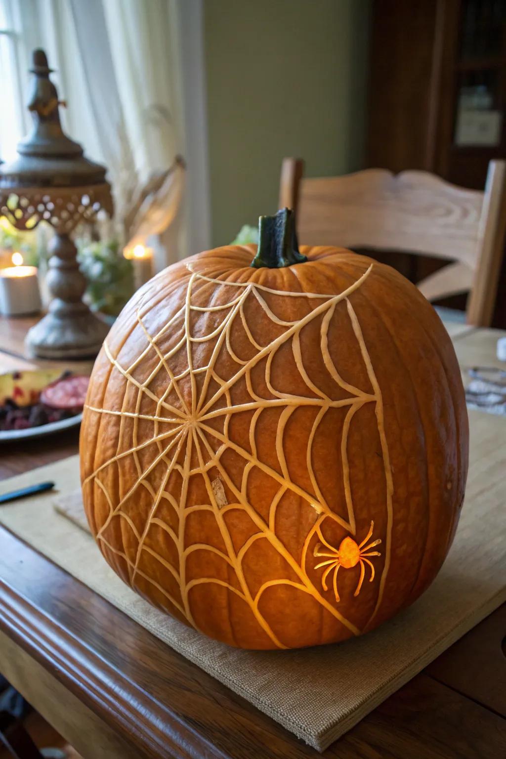 A spider silk gourd that adds an unexpected twist to your Halloween.