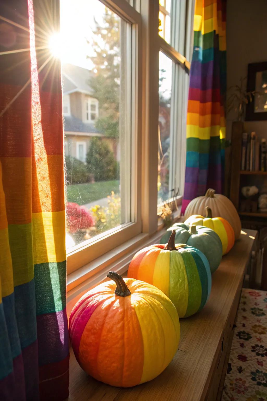 Infuse your d&eacute;cor with joy using rainbow-colored pumpkins.