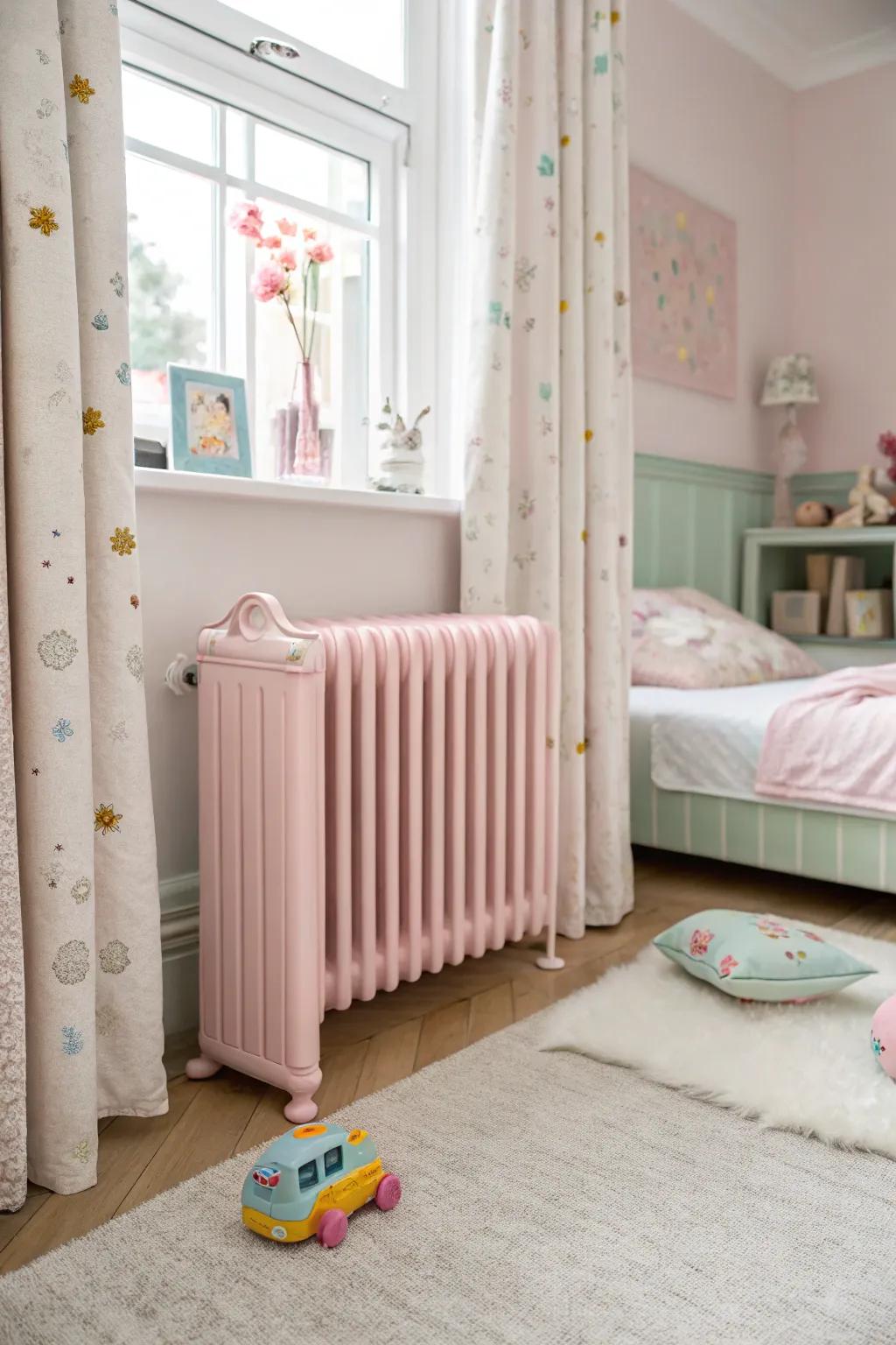 Pastel pink radiators contribute tender playfulness.