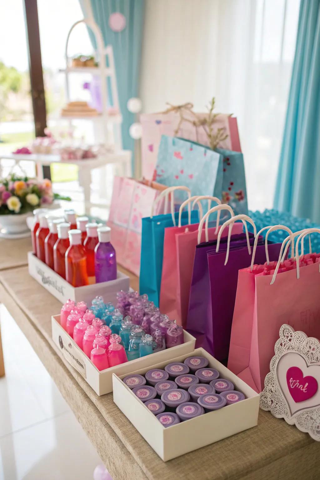 A table filled with vivid wedding favors for guests.