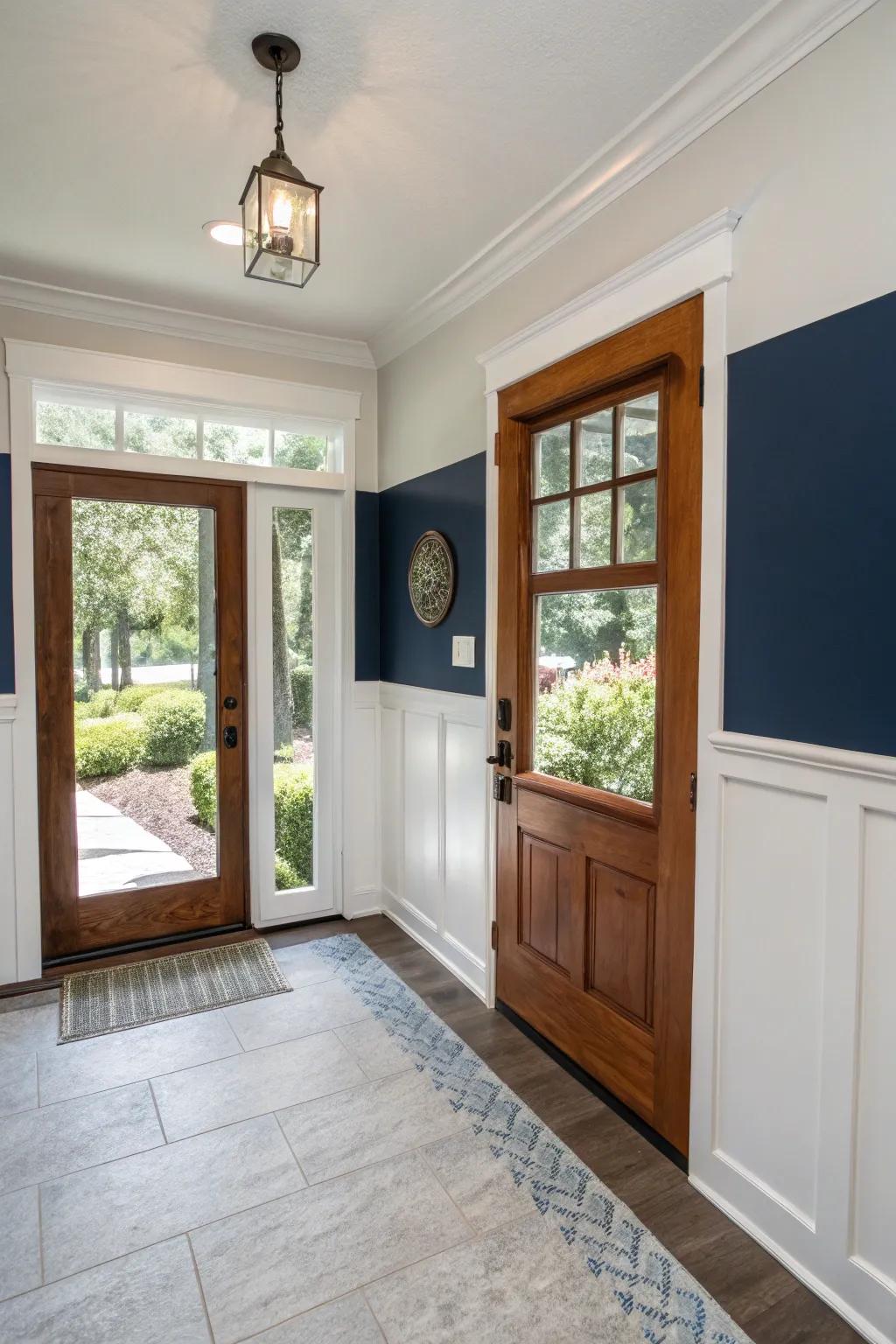 The entryway looks more interesting and has more depth thanks to the two-tone wall style.