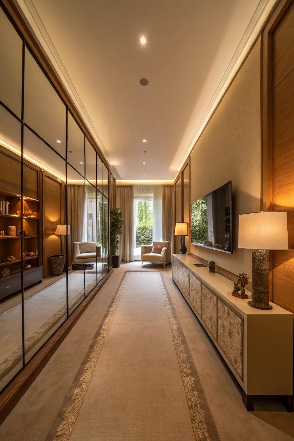 Mirrors produce an impression of area in slim living rooms.