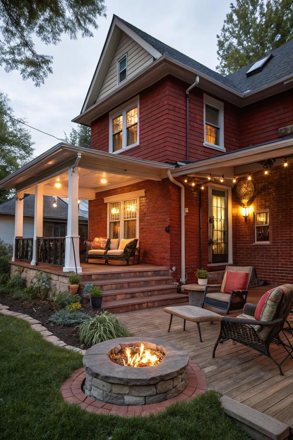 A fire pit creates a gathering spot on a red brick porch.