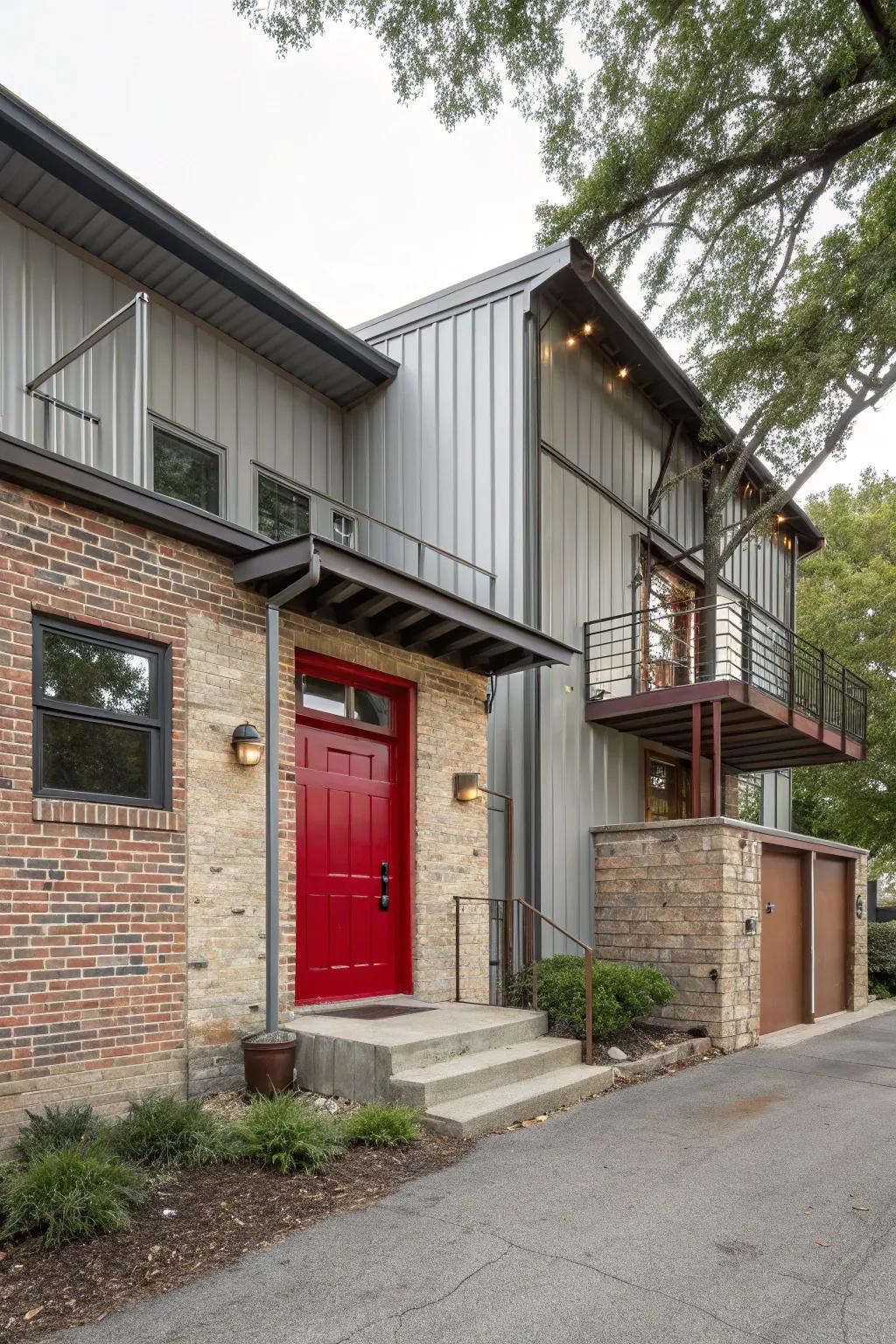 Industrial home with a scarlet door, adding warmth to the edgy design.