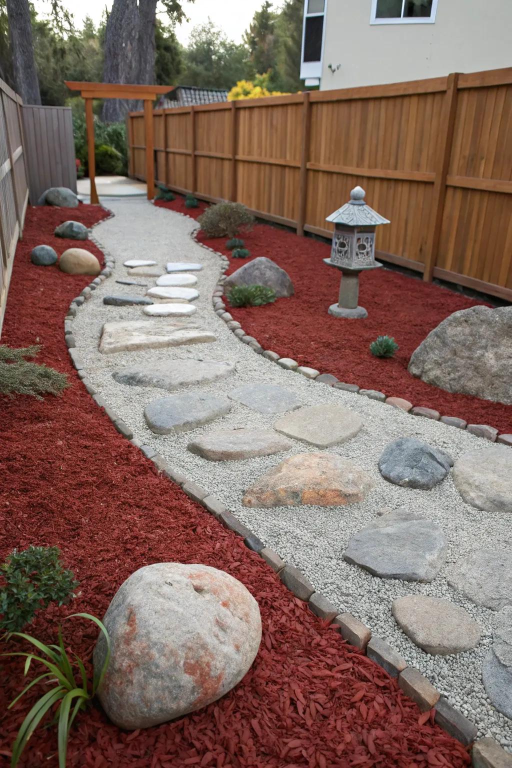 Garnet ground cover helps establish a serene Zen garden nook for relaxation.