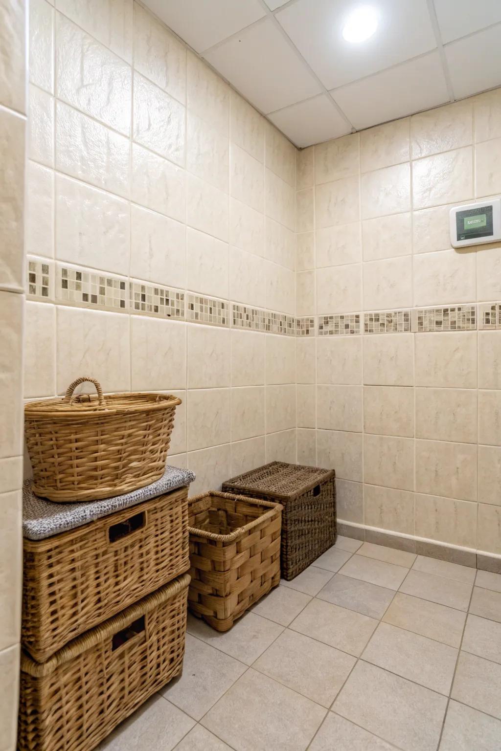 Textured elements add depth and interest to the bathroom.
