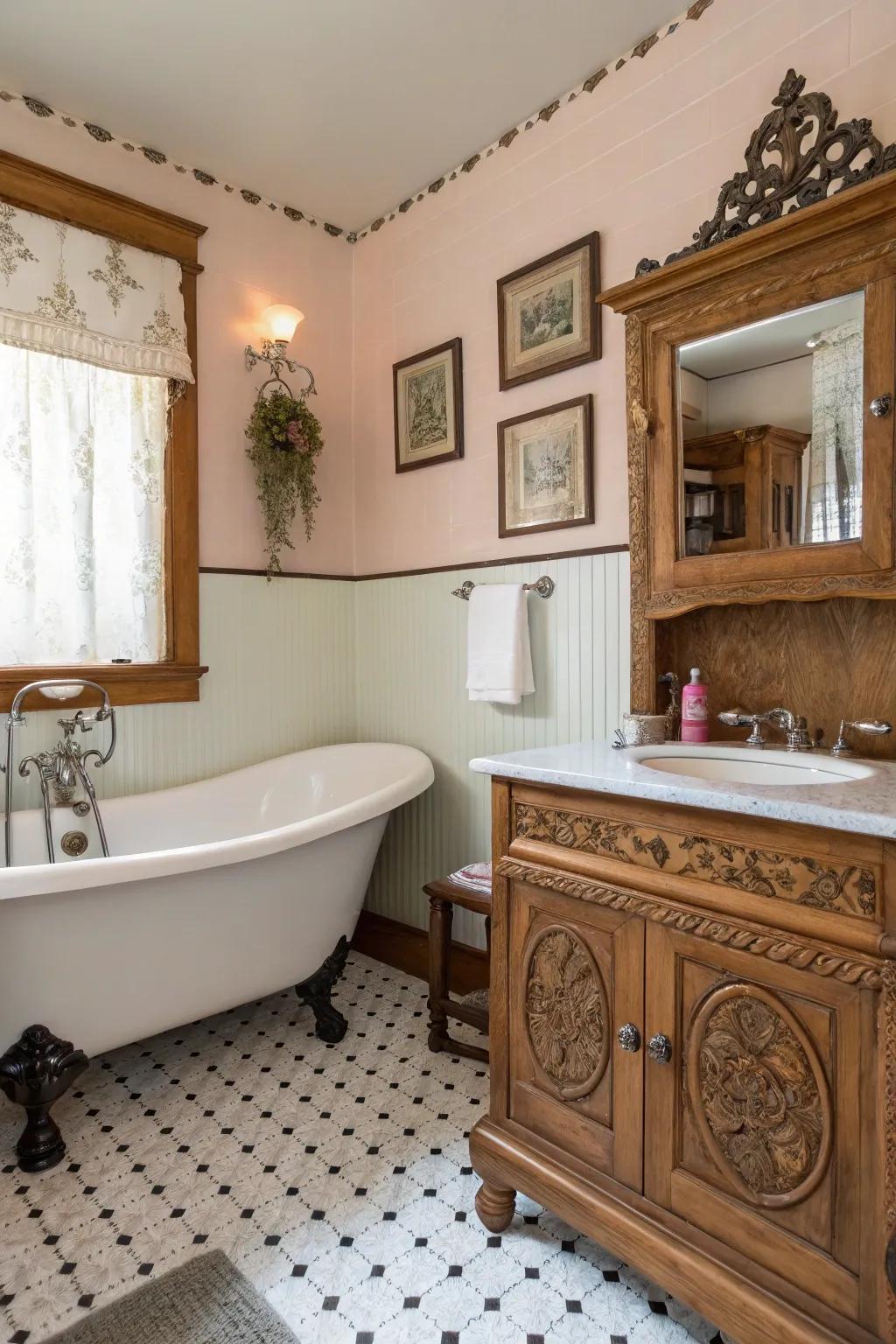 Repurposed antique furniture adds unique character and charm to a retro bathroom.
