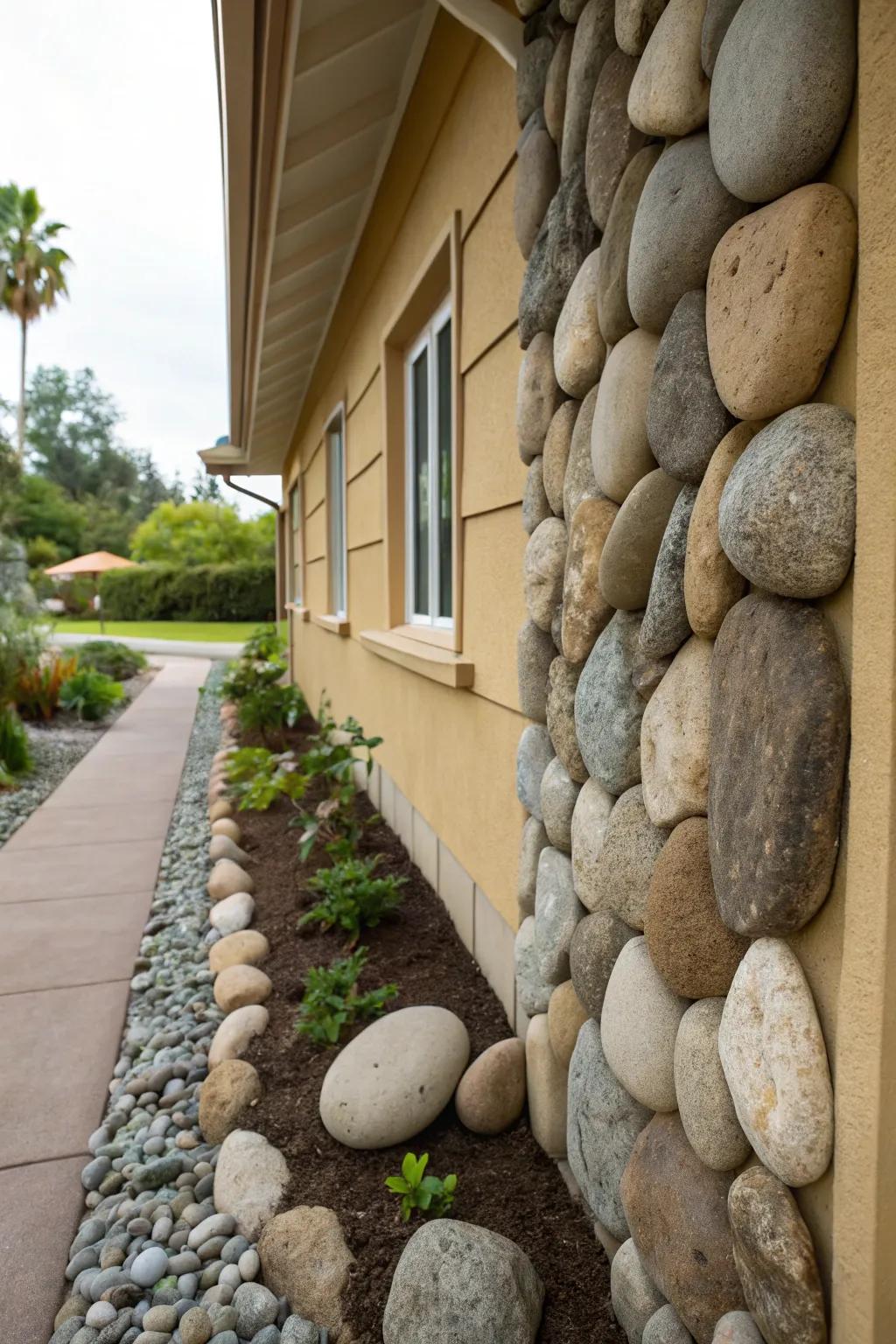 An artistic smooth stone design adds beauty and protection to this home's foundation.