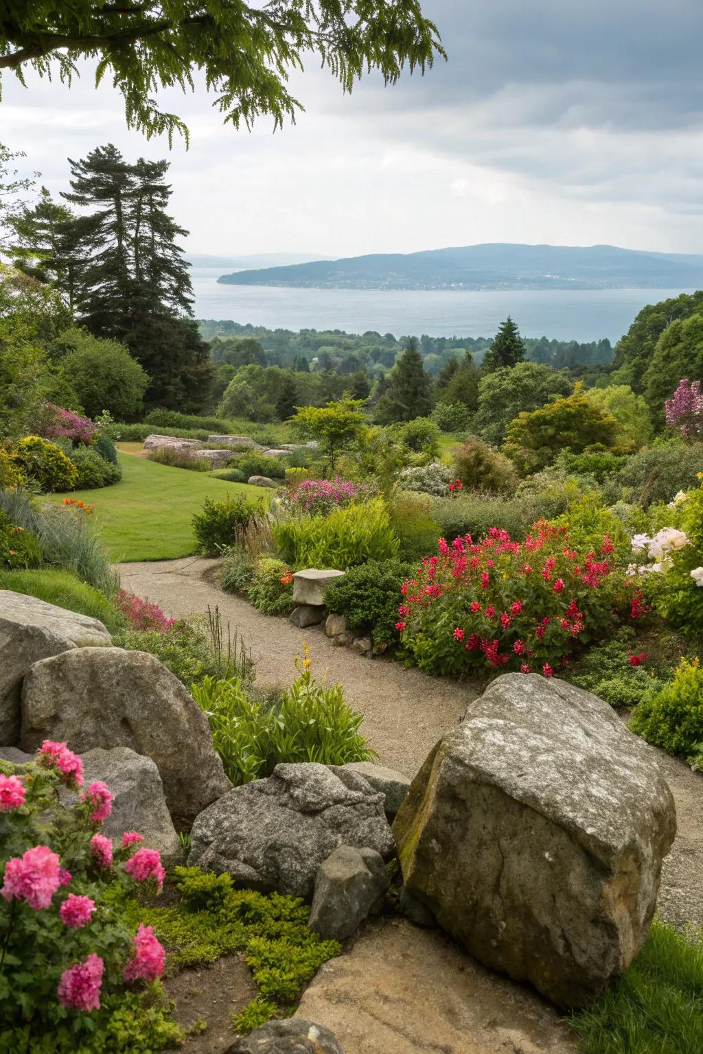 Rocks frame a view, highlighting the garden's beauty.