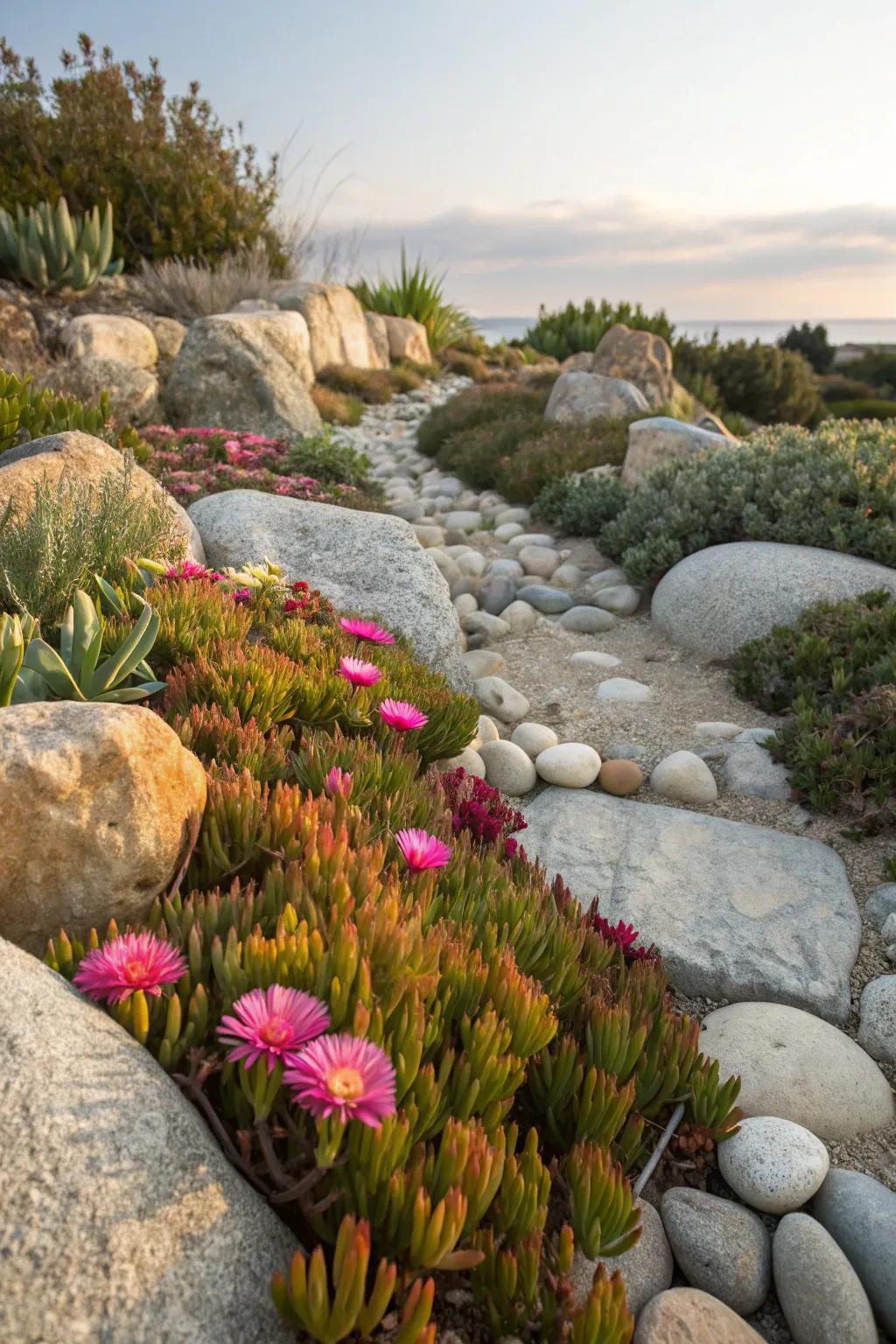 Ice plants give vibrant, easy blooms to a rock garden.