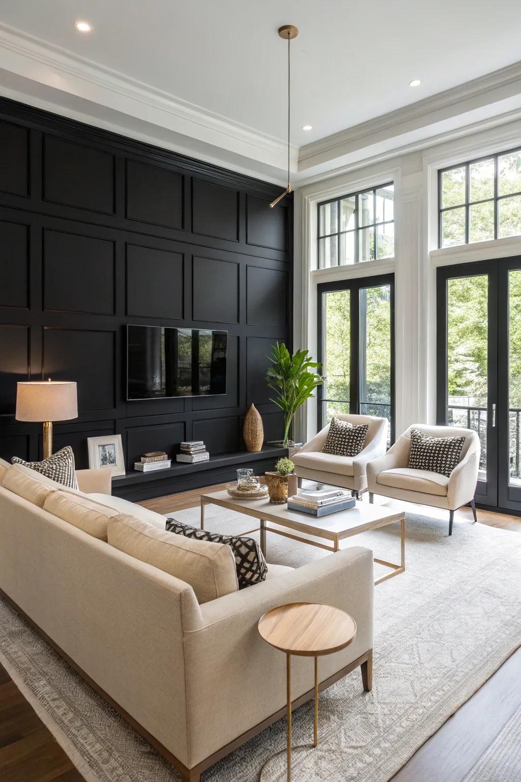 A chic living room with a black accent wall and modern elegance.