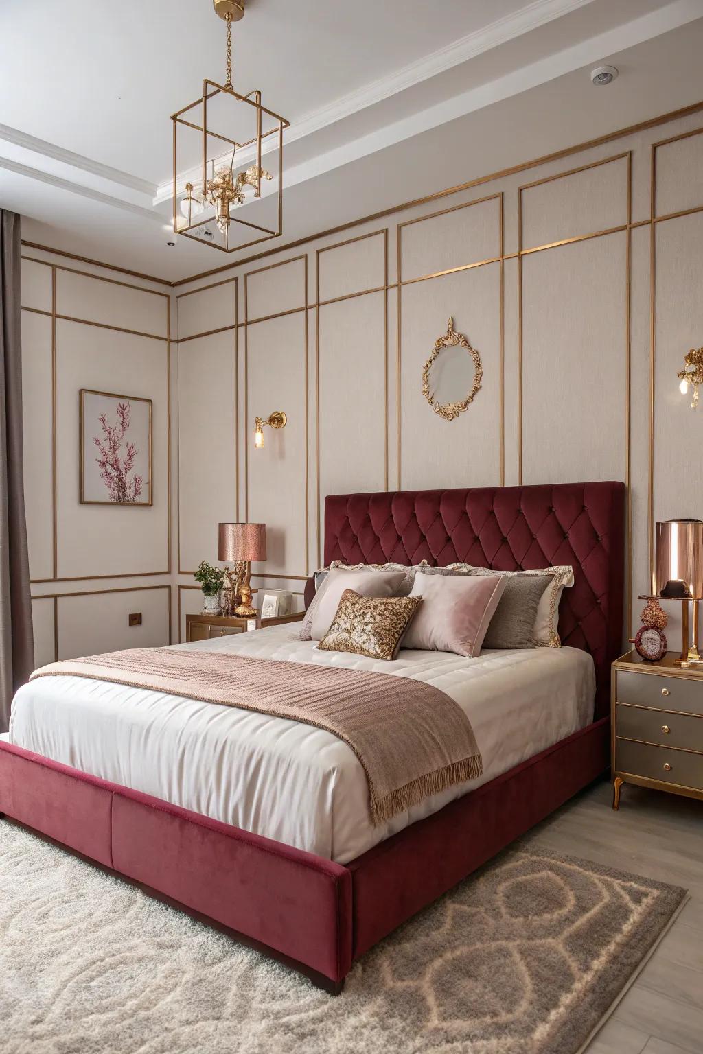 A wine-colored bed serves as a bold centerpiece in the bedroom.