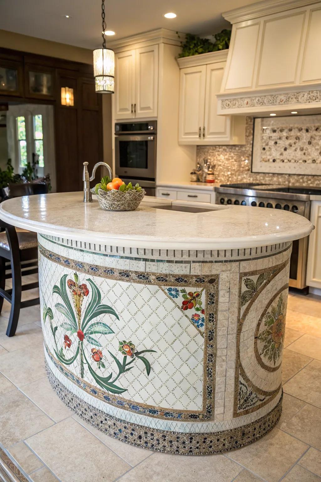 Artistic accents personalize and elevate a circular kitchen island.
