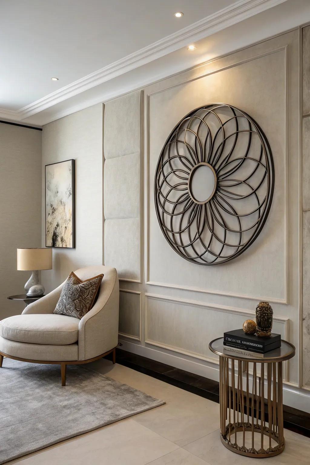 A contemporary room showcasing metal artwork as a focal point.