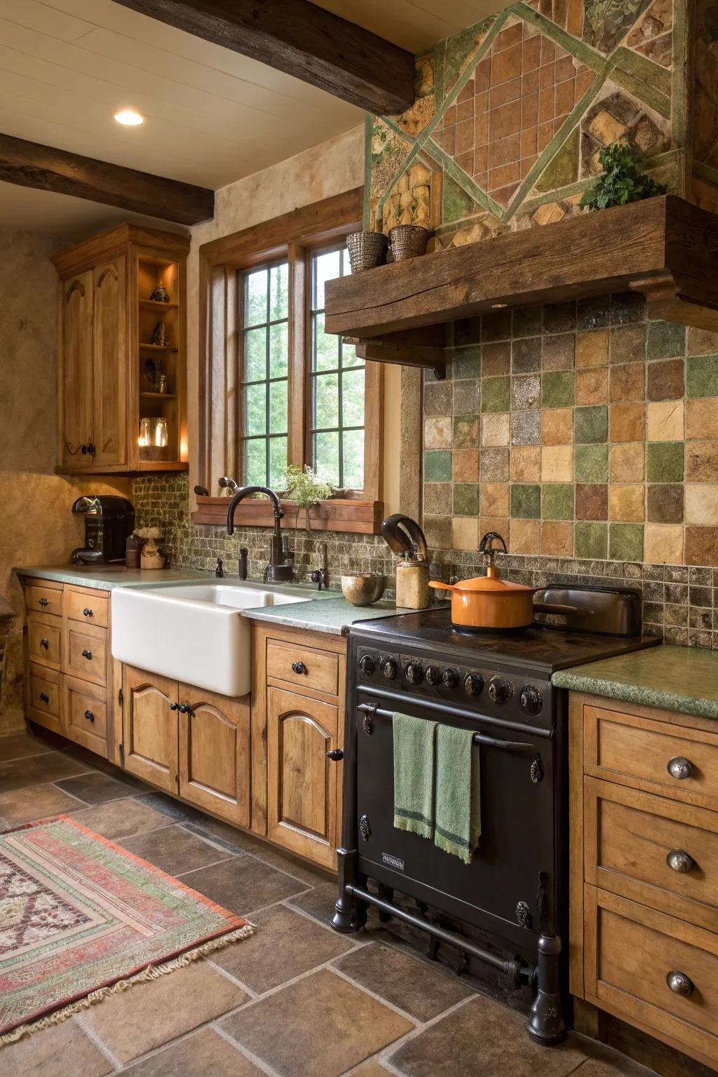 Nature inspired tiles develop a peaceful and unified kitchen environment.