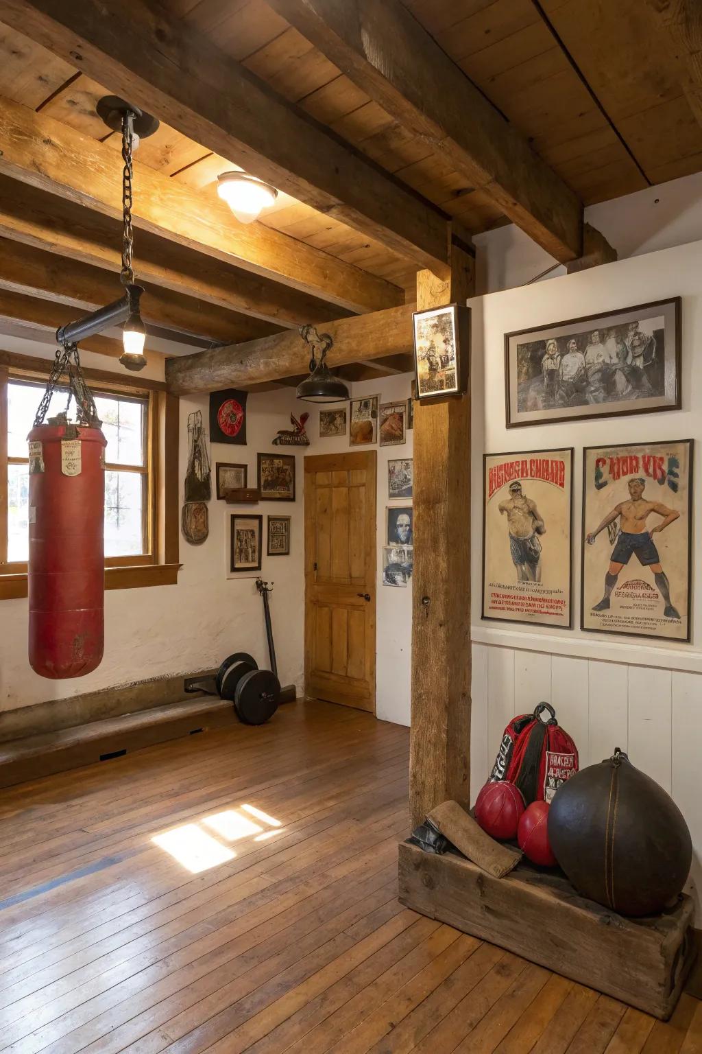A rustic home gym encourages both exercise and relaxation.
