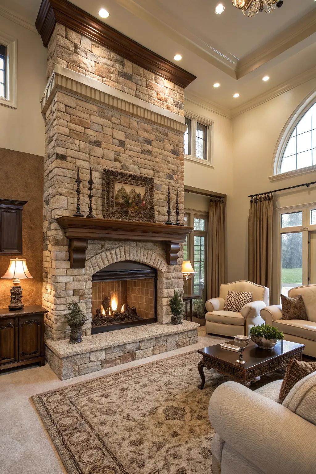 Stonework adds depth and luxury to your brick fireplace.