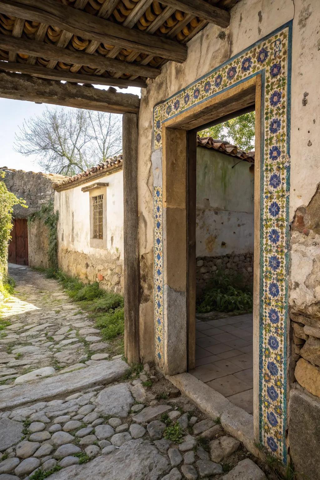 An unexpected use of tiles in a door frame adds a surprising rustic twist.