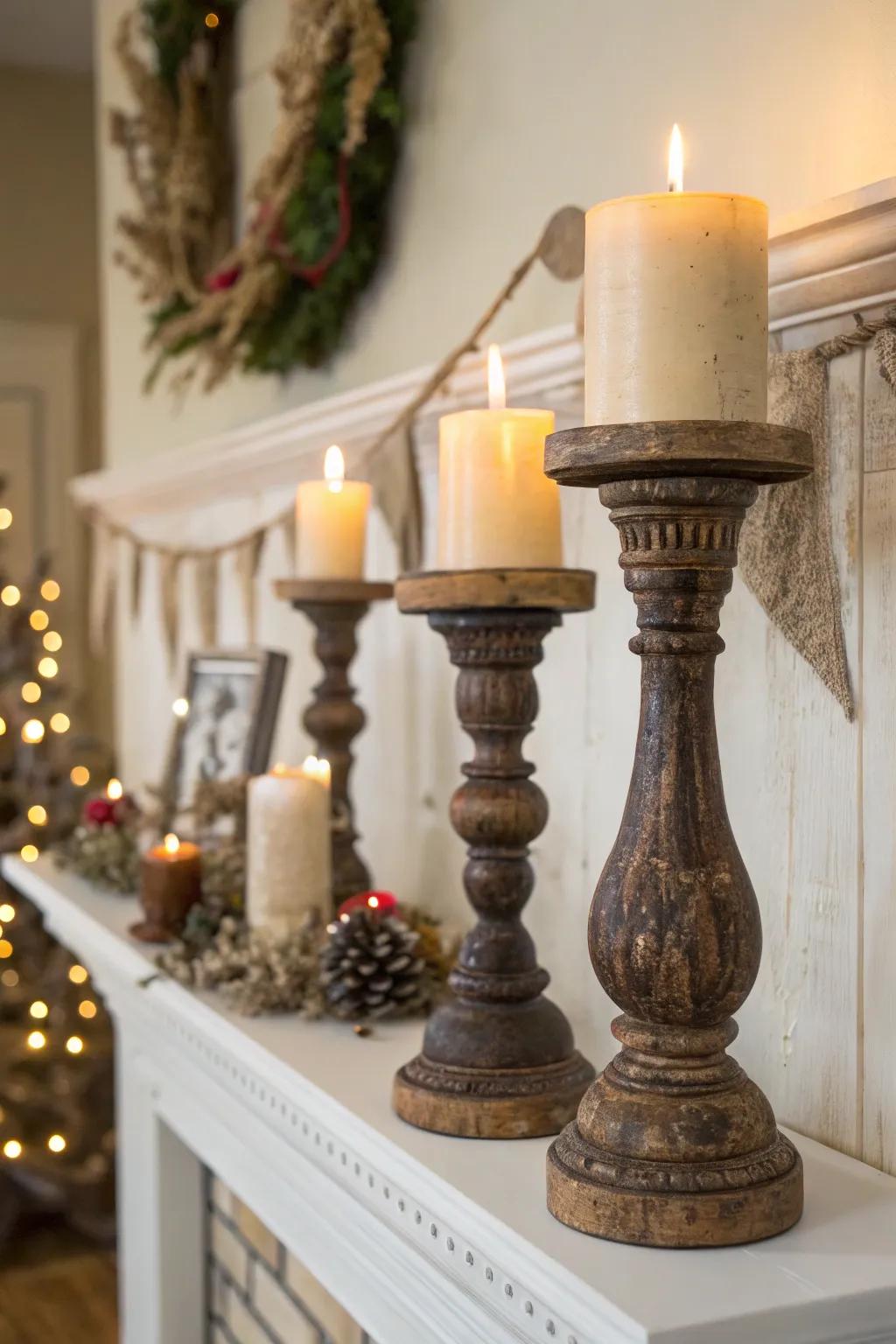 Country candle holders create a flickering ambiance on this mantel.