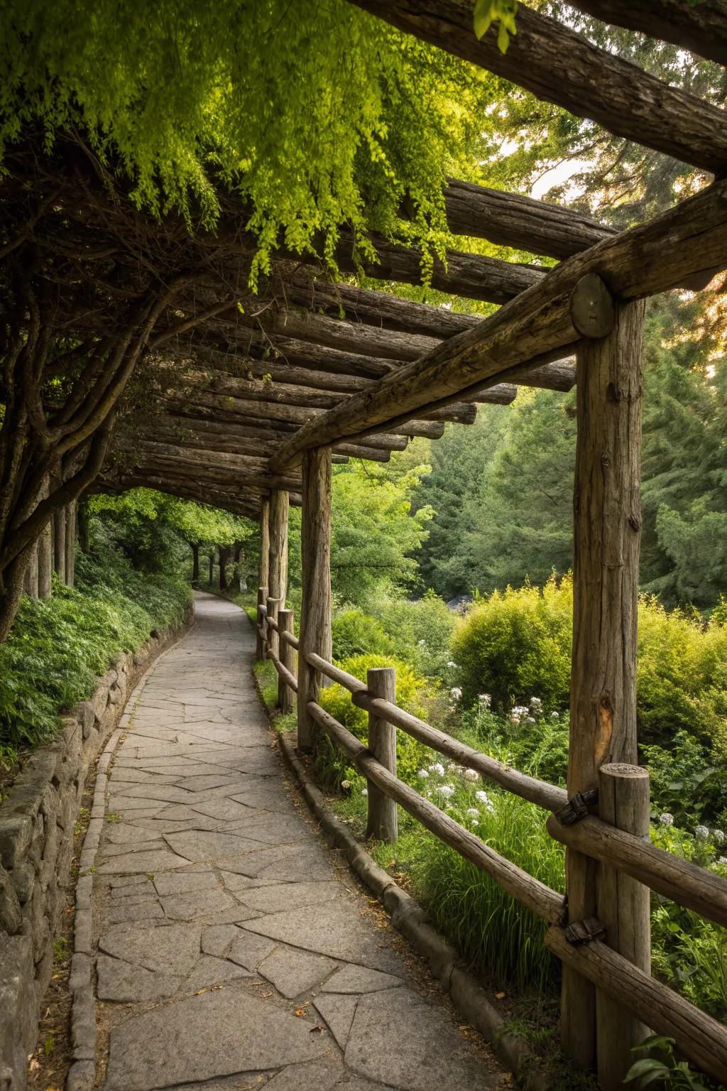 A natural log shade over a fence crafts a shaded, inviting outdoor retreat.
