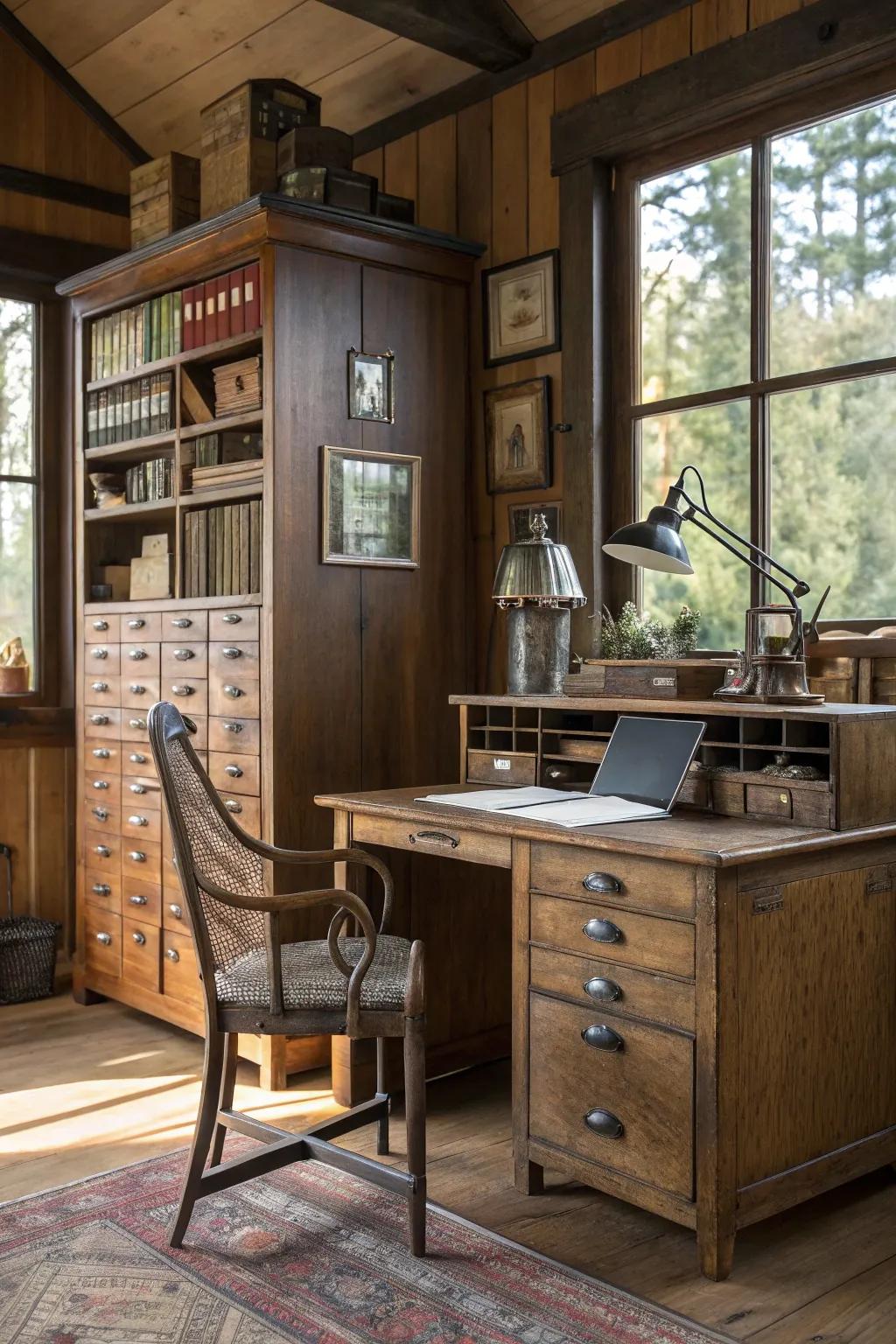 Traditional storage resources supply form alongside practicality in your country-themed workspace.