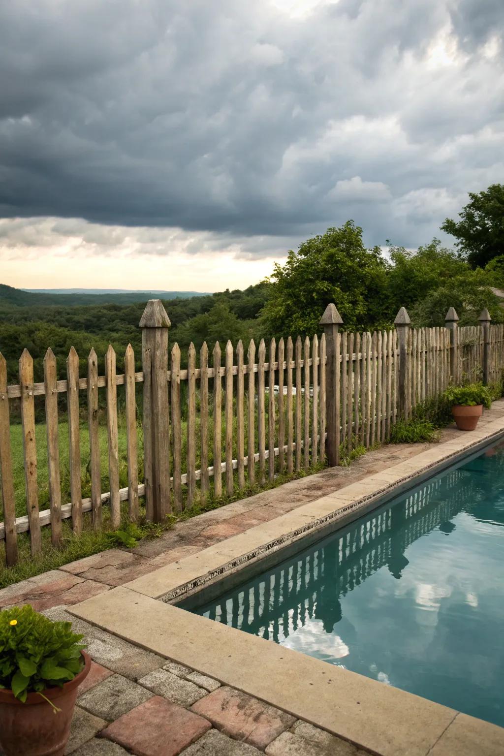 Hazel picket fencing adding classic rustic appeal to the poolside.
