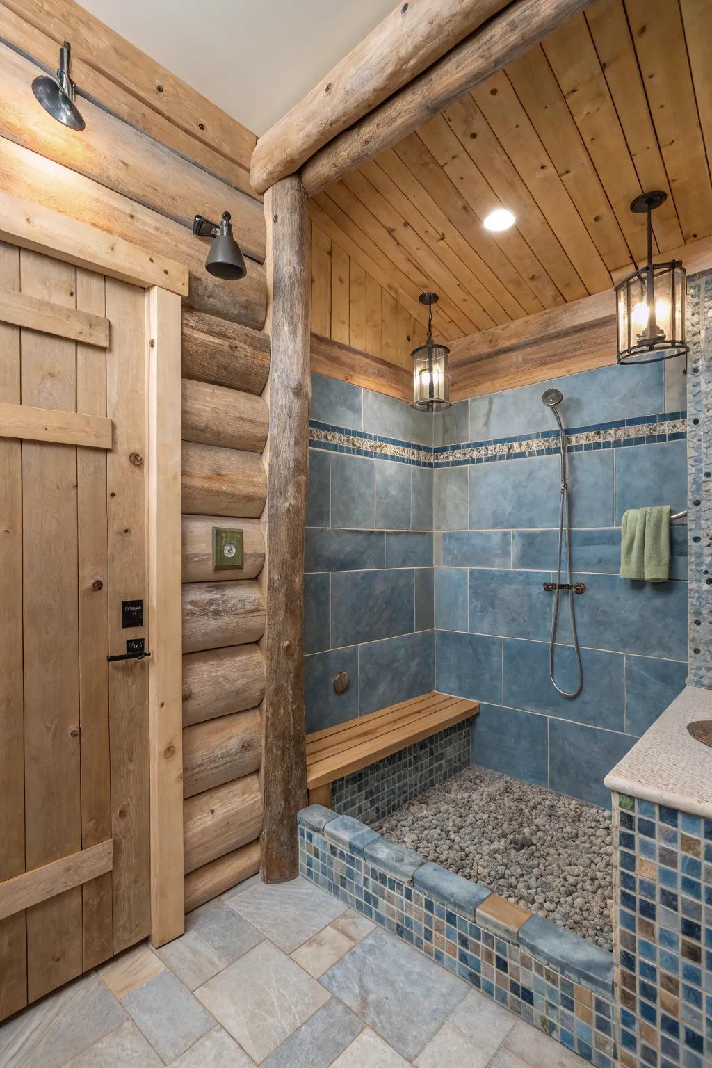 A country shower accenting gentle blue features that contribute a soothing, modern aspect.