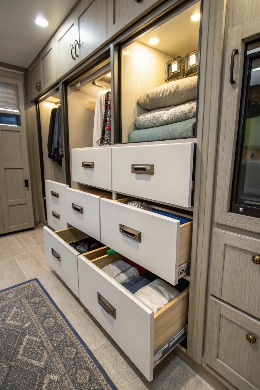 Pull-out drawers enhance organizing and accessibility.
