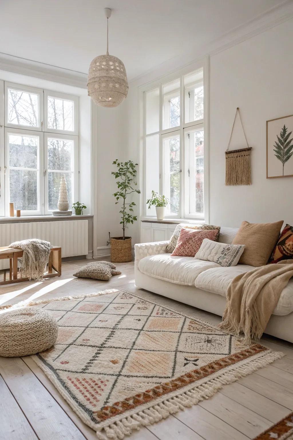 Layered floor coverings bring texture and warmth to the Scandinavian living room.