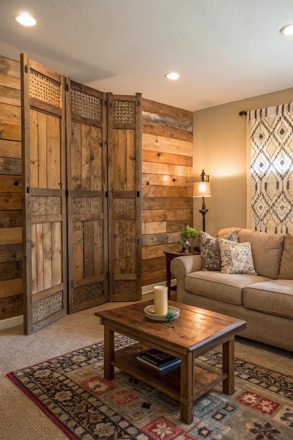 Rustic screen walls furnish warmth with reclaimed wood.