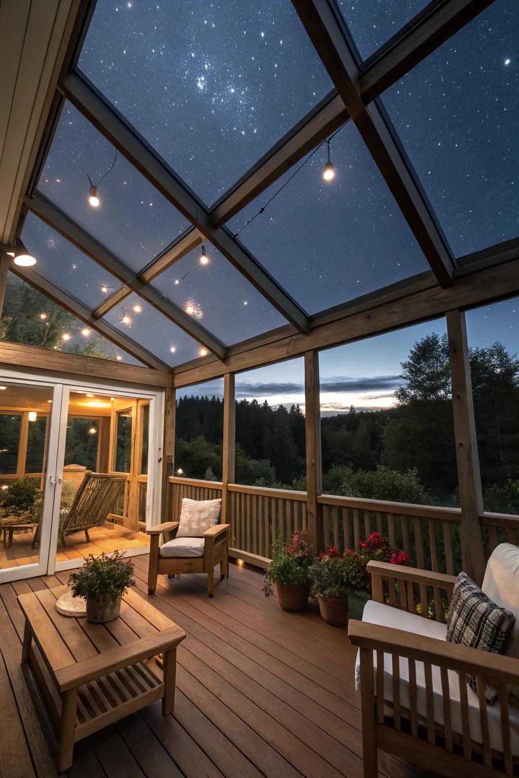 Skylights on a veranda afford a breathtaking vista of the stars.