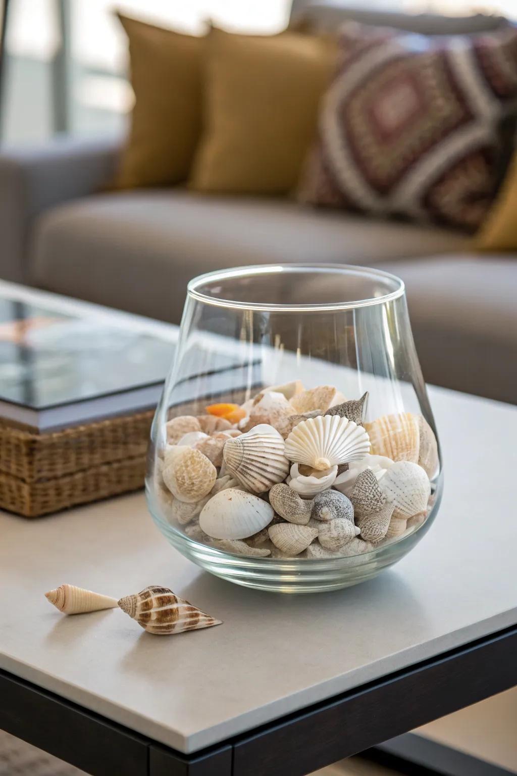 A container brimming with shells effortlessly enhances coastal décor.