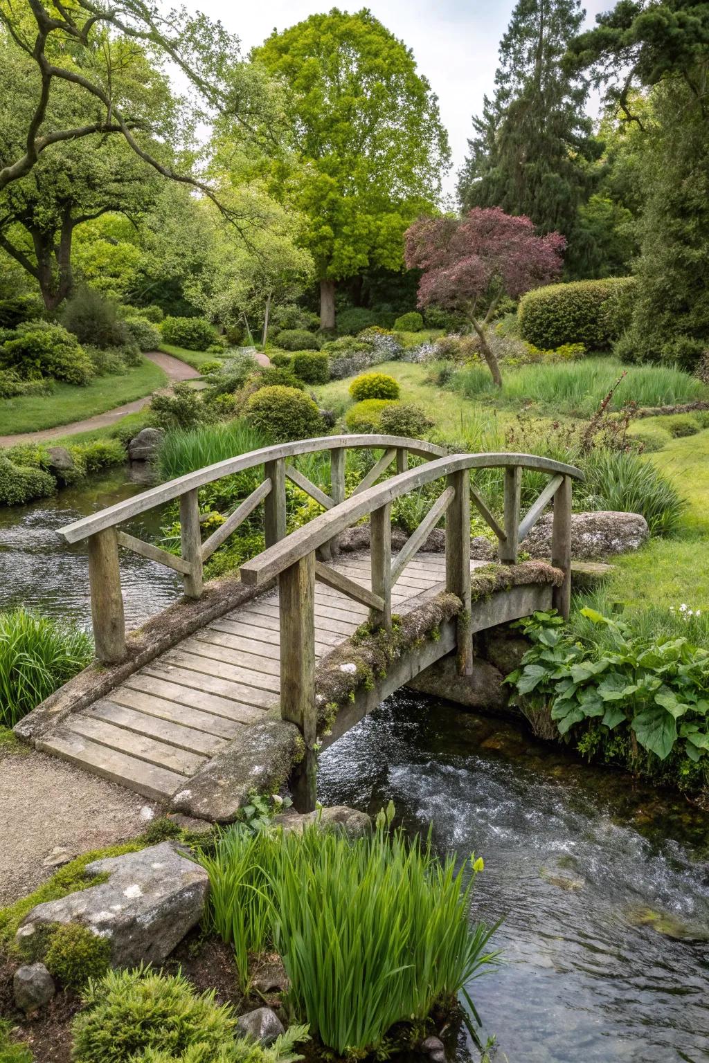 Incorporate storybook charm with an earthy footbridge.
