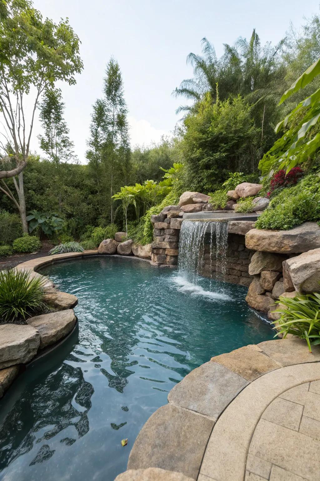 A semi inground pool with a calming waterfall that enhances relaxation.