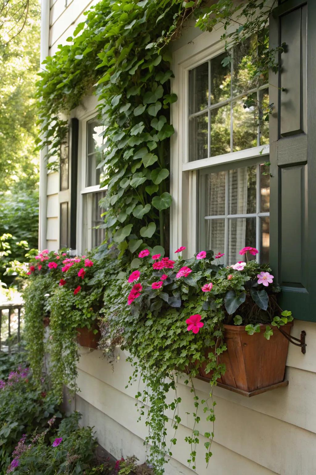 A shaded window scene featuring fanciful window extenders overflowing with colorful flowers and creeping tendrils.