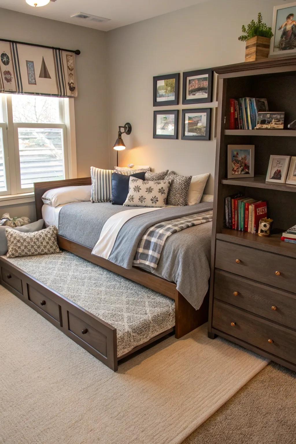 Adaptable furniture adjusts to changing needs in a shared room.