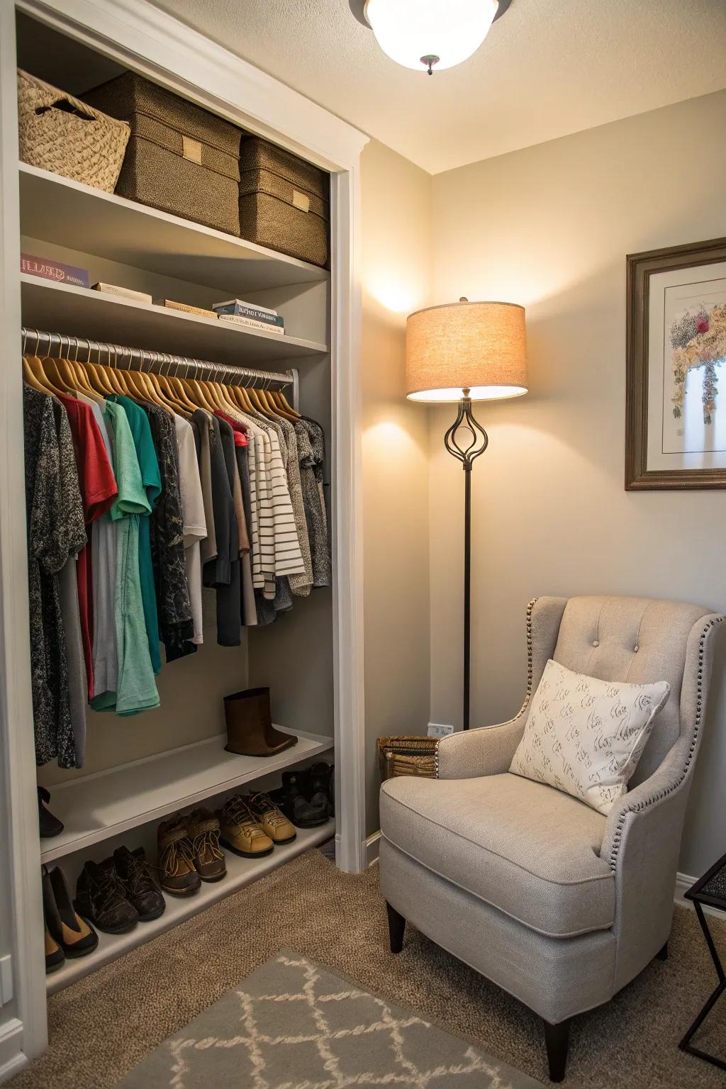 A shared closet featuring a unique reading nook for a quiet retreat.