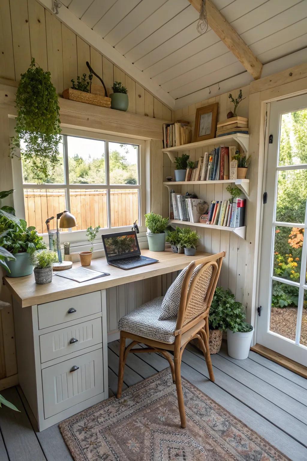 A garden shed converted into a serene home office.