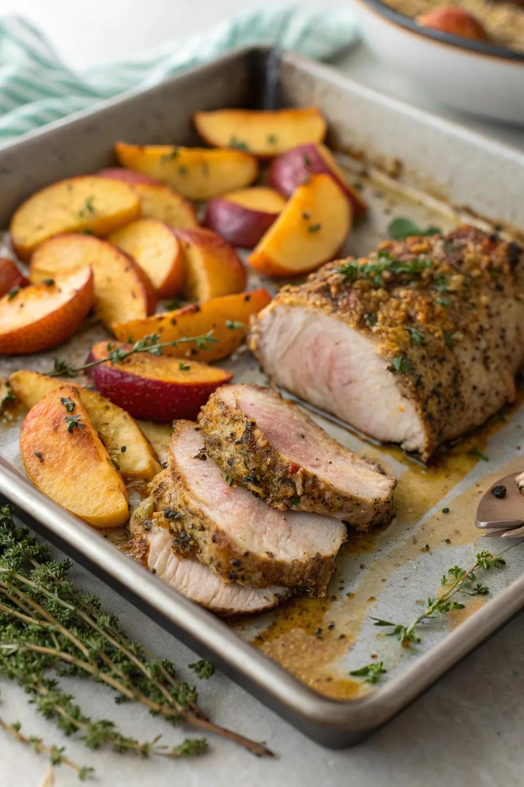 Pork fillet with herbs and sliced apples, a fall favorite.