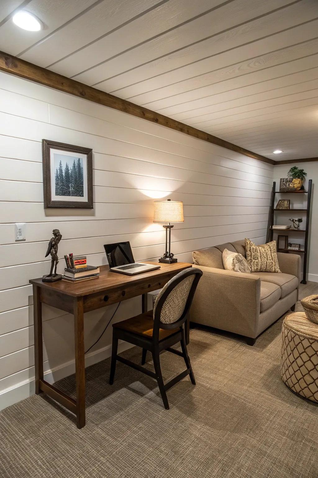 A multi-purpose basement with groove paneling walls dividing distinct areas.