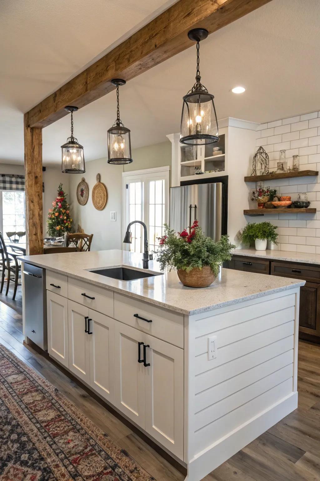 Understated horizontal panel highlights add personality to the kitchen island.