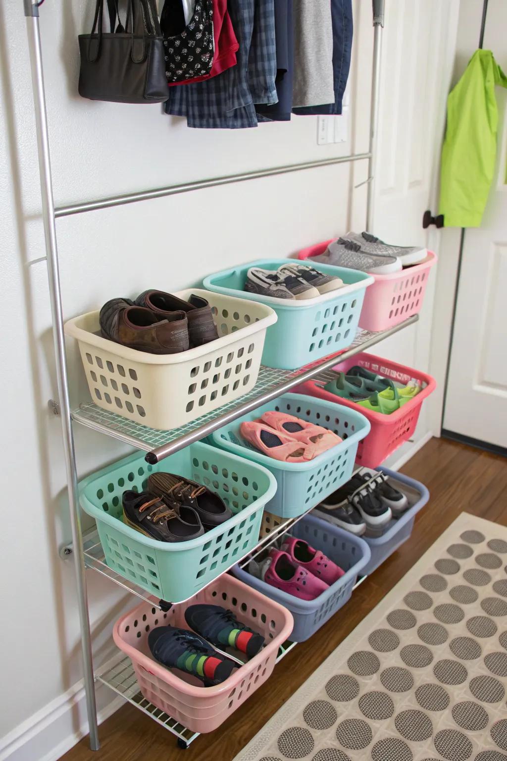 Hanging basket racks provide a creative solution for saving floor space.