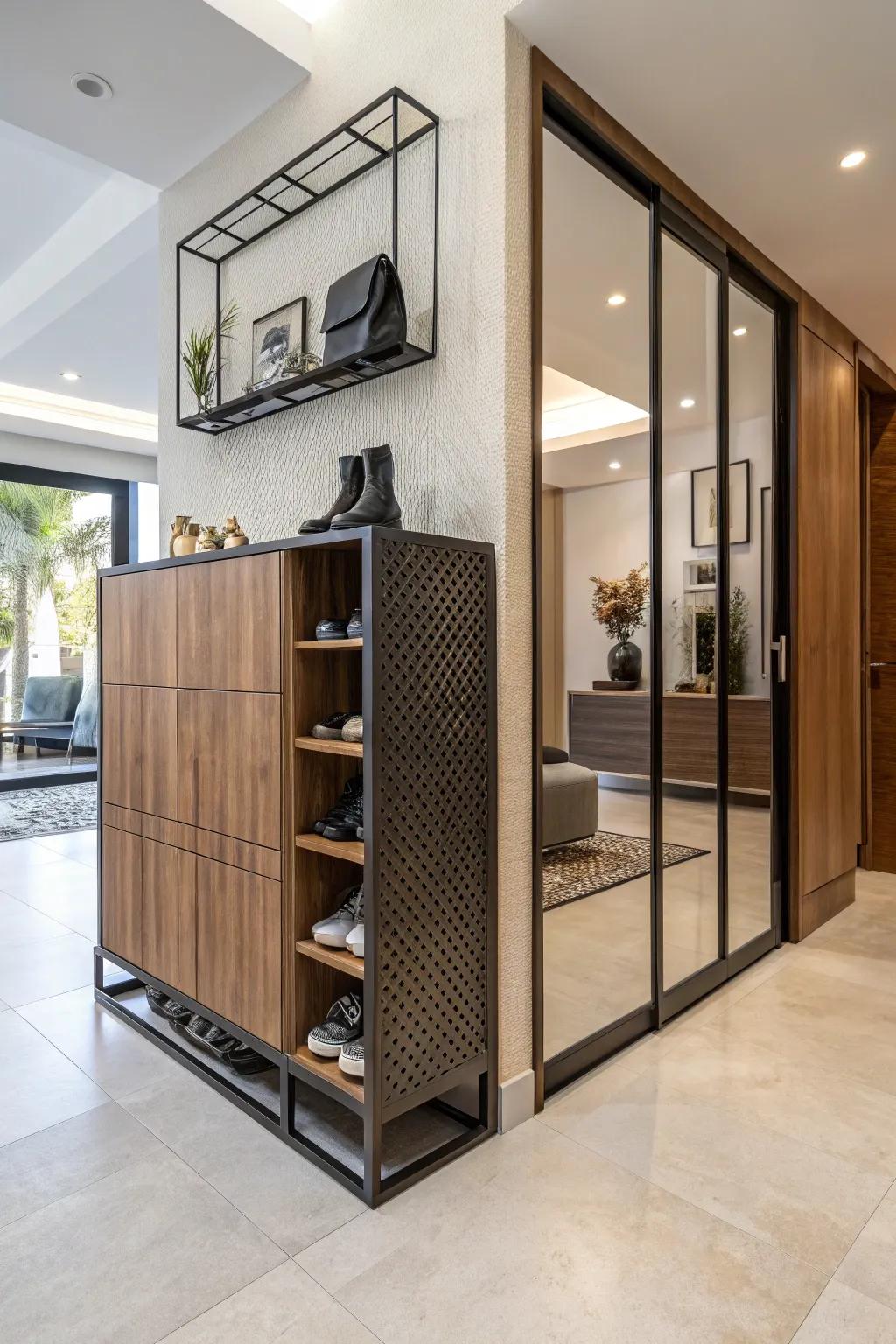 Mixing materials for a visually interesting shoe cabinet.