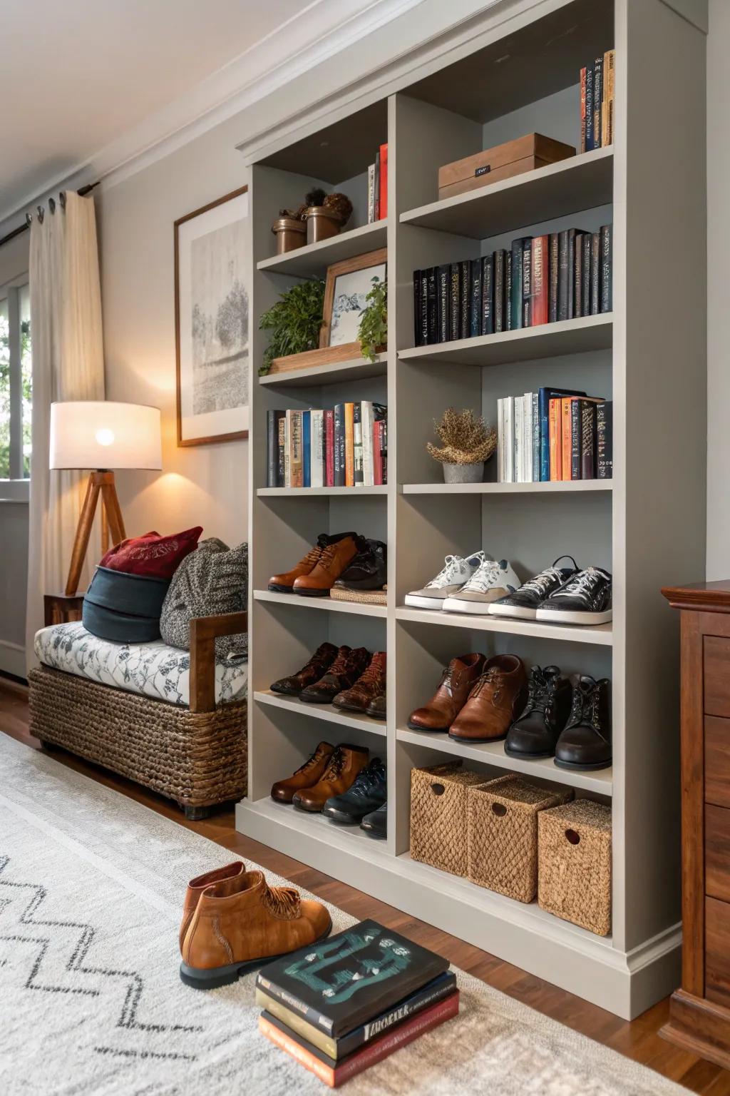 A bookcase transforms into a versatile footwear display.