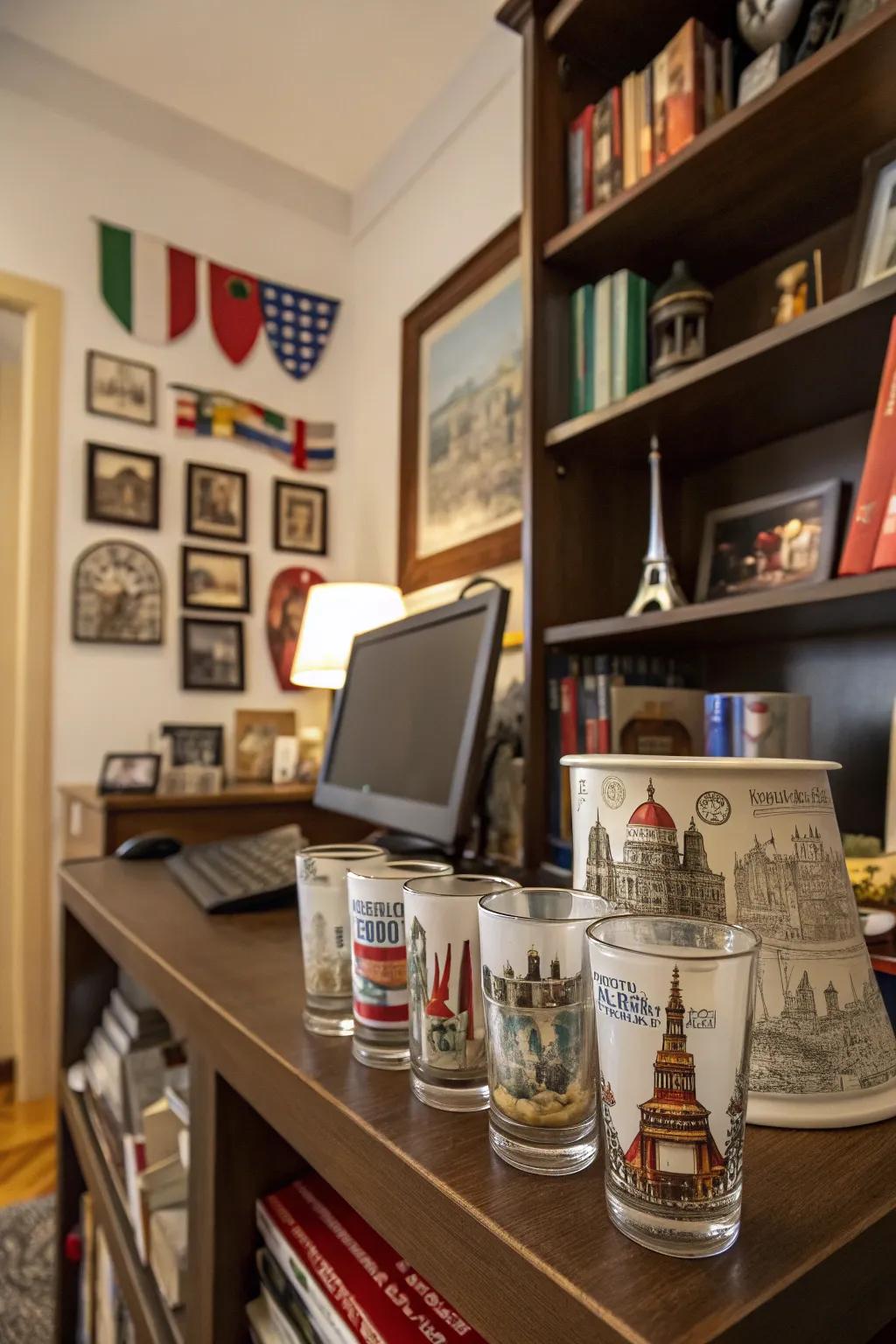 A study showcasing a travel-themed shot glass display with keepsakes from around the world.