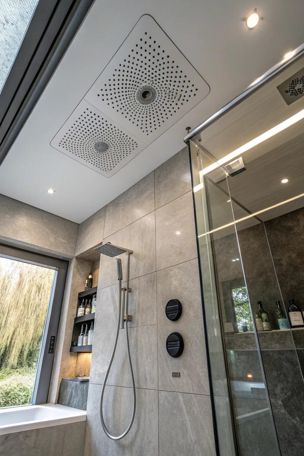 Ceiling speakers bring music to your shower experience.